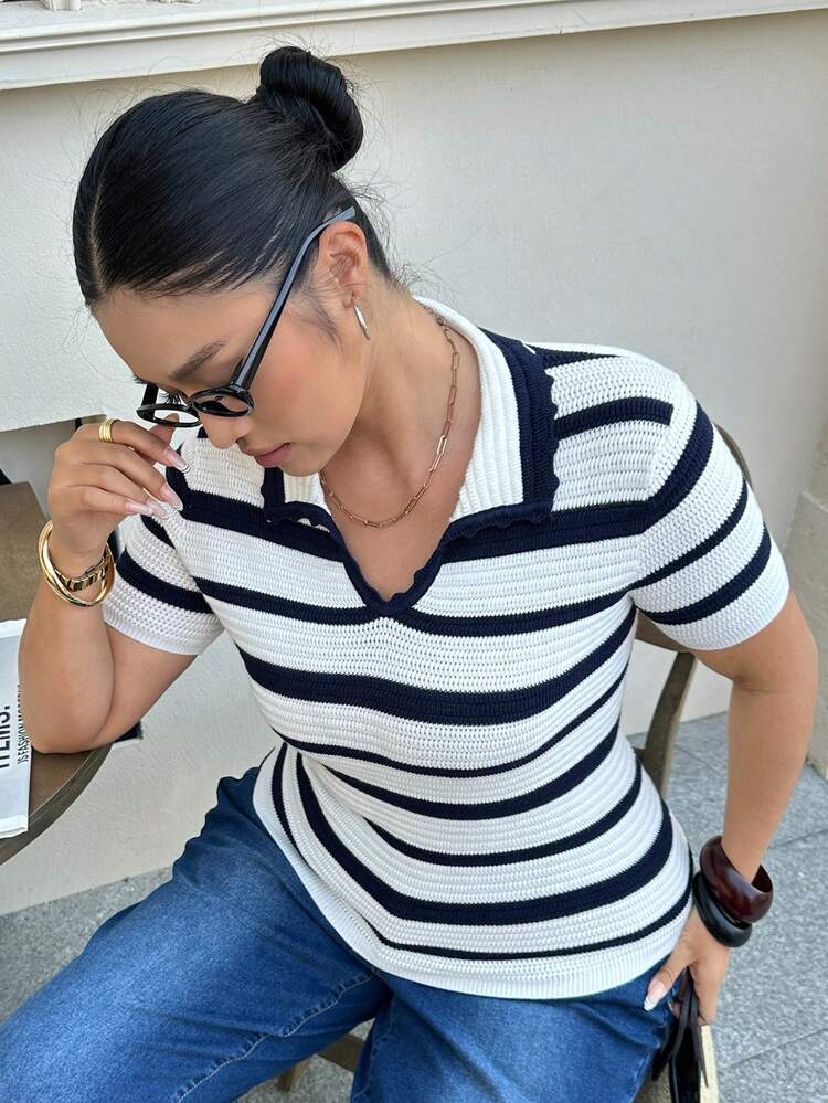 Dazy Plus Plus Size Women Striped Casual Versatile Daily Wear Knit Short Sleeve Top Summer