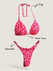Elavelle 女士随机印花金属装饰吊带比基尼套装，性感泳衣 - 彩色 - 查看 1