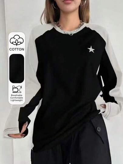 DAZY 拼色插肩袖星星图案 T 恤 Y2k，秋季服装长袖女式上衣