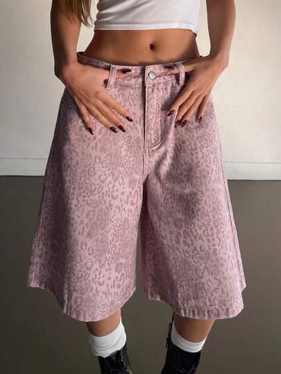 Livesso Women's Leopard Print Pocketed Wide Leg Loose Casual Denim Shorts