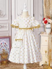 Young Girl Golden Polka Dot Off Shoulder Fashion Dress - White - View 1