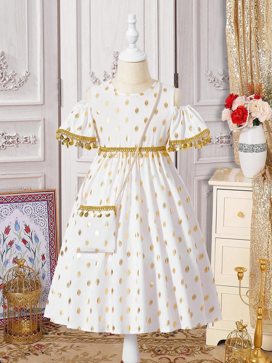 Young Girl Golden Polka Dot Off Shoulder Fashion Dress - White - View 1