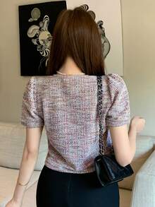 DAZY 夏季新款泡泡袖女式衬衫，适合第一次约会 - 灰色 - 查看 4