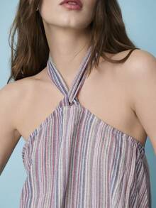 Nöista 这款无袖露背上衣采用条纹图案，领口系带，下摆呈喇叭形荷叶边。适合春季、夏季穿着，女士款。 - 紅色 - 查看 6