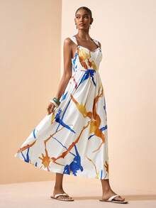 Zivah Novo Lançamento Primavera/Verão 2026, Vestido Elegante com Decote em V e Sem Mangas, Alças com Contas, Cintura Franzida, Vestido Longo Estampado em Linha A, Adequado para Dia dos Namorados, Casamento, Festival de Música, Páscoa, Estilos Western, Nômade, Boho, Nashville, Festa, Casamento, Noite, Encontro, Reunião, Trabalho, Casual Elegante - Multicolorido - Visão 5