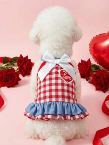 PETSIN Red & White Gingham Pet Dress With 'Heart Patch - Bow Collar & Ruffled Hem Dog Outfit, Cute Casual Summer Dress For Small Dogs & Cats - pink and blue - View 3