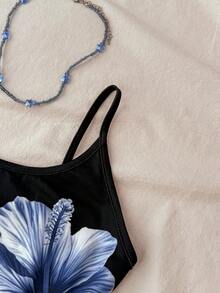 少女休闲度假风黑色底蓝色花卉印花吊带衫 - 黑色 - 查看 3