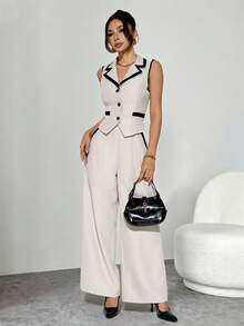 SHEIN PETITE 女士优雅通勤撞色饰边背心裤套装 F，所有女士服装，返校季，教师装，优雅婚礼宾客礼服，商务休闲女装，优雅婚礼宾客礼服，复古风格女装，女士纽扣衬衫，秋冬季 - 白色 - 查看 9