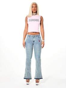 BABYPHAT Tank Top With Diamond Slogan Print Sleeveless Fitted Crop Length Summer Statement Piece - Pink - View 3