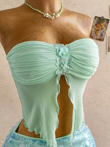 Soleia 女士浪漫3D立体花卉装饰褶皱抹胸上衣搭配性感优雅亮片迷你裙两件套，适合海滩、邮轮和度假穿着。 - 藍色 - 查看 5