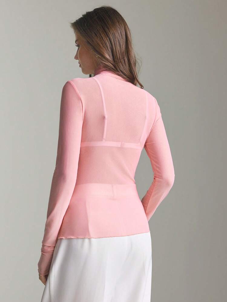 2026SS Women's Sheer Mesh High Neck Long Sleeve Blouse, Urban Commute Business Casual Top, Elegant Outfit For Valentine's Day, Summer, Wedding Guest, Holiday, Beach, Office