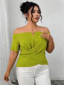 INAWLY Plus Size Solid Color Cross Wrap Off-Shoulder Ruffle Hem Fitted Top - Green - View 7