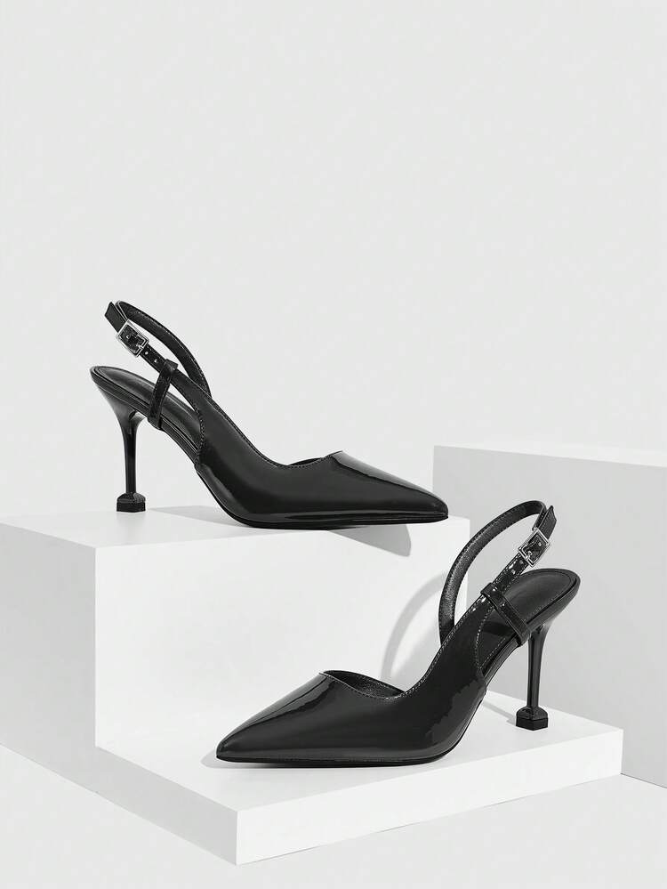 CUCCOO SZL Women's Pointed Toe High Heel Black Patent Leather Fashion Sexy Commuting Party Banquet Ladies High Heel Pumps With Ankle Strap Valentine's Day