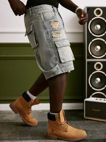 GALLERY FADE 男士休闲做旧多口袋蓝色牛仔短裤 - 中等水洗藍 - 查看 4