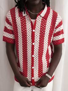 GALLERY FADE Contrast Stripe Hollow-Out Button Front Knit Sweater, Short Sleeve - Red - View 1