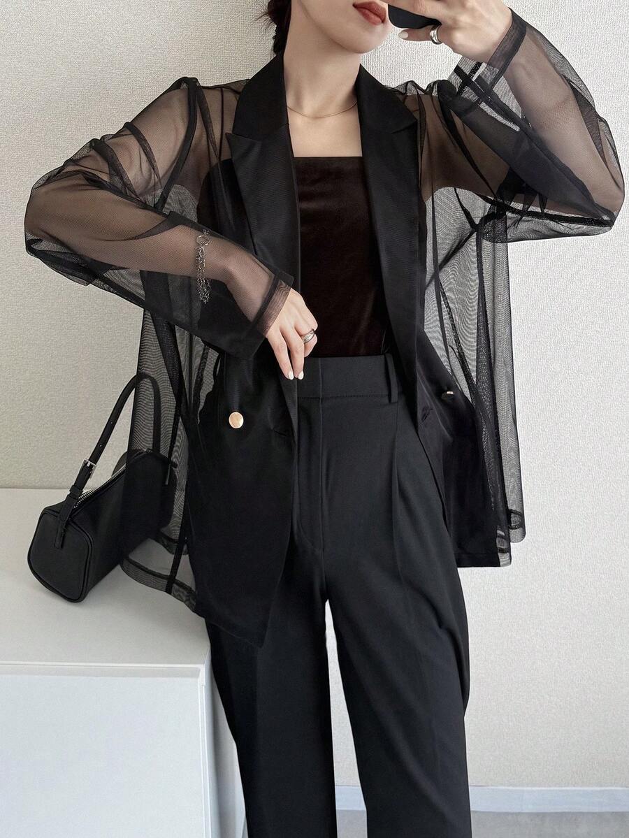 FRIFUL 女士休闲撞色网纱翻领双排扣西装外套 - 黑色 - 查看 1