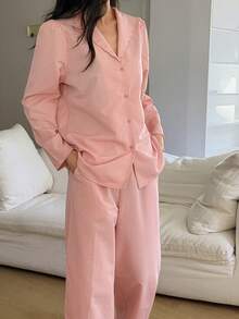 DAZY 2pcs Women Striped Textured Fabric Embroidered Ruffle Trim Puff Sleeve Pajama Set - Pink - View 7