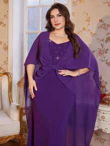Reflora Plus Size Women Elegant Purple Dress,Formal Wedding Guest Party Dress,Sweetheart Neck Rhinestone & Faux Pearl Decor Bodycon Mermaid Hem,Autumn 2026 - Purple - View 15