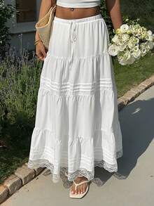 SHEIN EZwear Vacation Casual White Lace Patchwork Woven Skirt - White - View 7