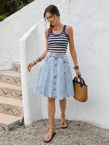 Vivid Eden 女士休闲夏季时尚前扣牛仔裙，带口袋，百搭 - 淺色水洗藍 - 查看 6