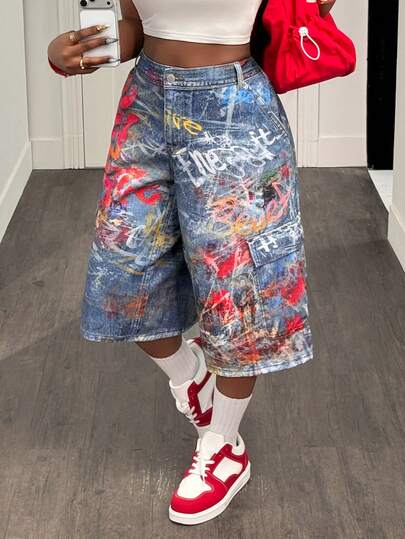 Slaydiva 女士字母印花高腰工装口袋休闲牛仔百慕大短裤