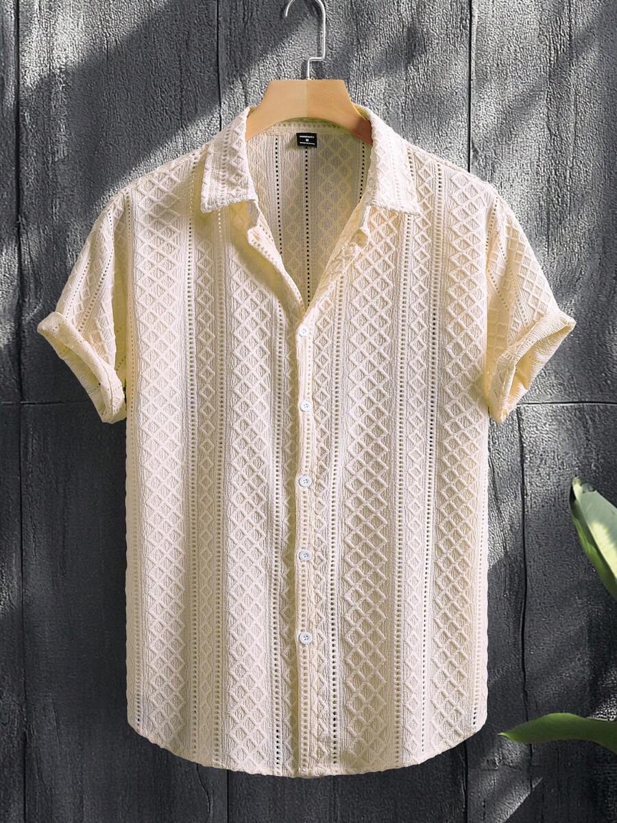 Manfinity Homme Men's Summer Casual Vacation Solid Color Textured Front Button Short Sleeve Shirt Cream Button Up Men Men's Shirt - Baby Pink - View 1