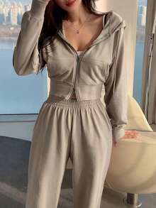 DAZY Ladies' Casual Solid Color Two Pieces Set Tracksuits Women Set Hoodie Lounge Sets For Women - Khaki - View 6