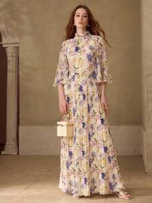 MOTF PREMIUM WOMEN'S PLEATED LOOSE ELEGANT PRINTED LONG DRESS, SPRING/SUMMER - Apricot - View 3