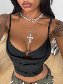 Coolane Women's Spring/Summer Carnival  Y2K Streetwear Daily Wear Casual Concert Outfit Stretchy Draped Collar Slim Fit Beaded Crop Tank Tops - Apricot - View 1