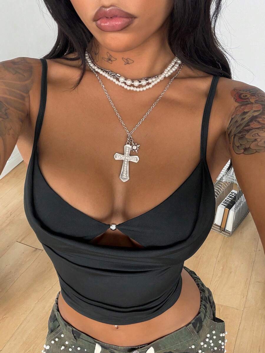 Coolane Women's Spring/Summer Carnival  Y2K Streetwear Daily Wear Casual Concert Outfit Stretchy Draped Collar Slim Fit Beaded Crop Tank Tops - Apricot - View 1