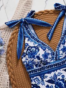 Swim Chiccia Women's Summer New Seaside Vacation Casual Elegant One-Piece Swimsuit, Floral Retro Print Sexy V-Neck Backless One-Piece Swimwear - Blue and White - View 5
