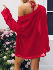 Breezaya 3pcs Women's Mesh Front Opening Long Sleeve Set - Red - View 2
