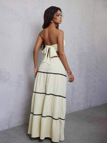 Eryvara 两件套女士优雅露脐抹胸上衣和半身裙度假套装奶油色两件套长裙两件套波西米亚风长裙套装夏季半身裙套装波西米亚风两件套 - 杏色 - 查看 2