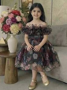 少女优雅多层荷叶边印花中长连衣裙 - 黑色 - 查看 1