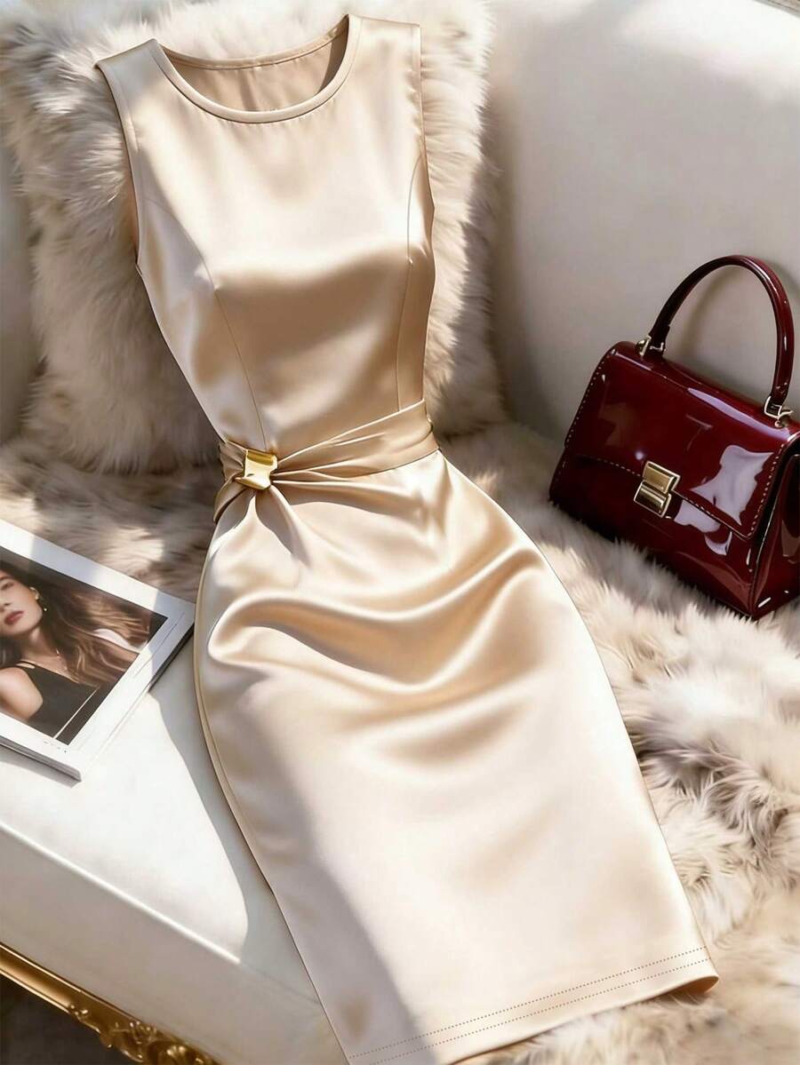 SHEIN Franclia 女士无袖缎面束腰连衣裙，轻盈奢华优雅修身鸡尾酒会礼服，女士腰部金属元素连衣裙 - 香檳色 - 查看 1