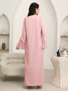 SHEIN Najma Đầm xòe dài tay dáng rộng, cổ chữ V, họa tiết hoa 3D, thanh lịch dành cho nữ. - Hồng - Xem 4