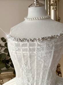 Lovelzi Elegant White Spring Bachelorette Formal Party Wedding Short Dress Luxurious Lace Sequin Patchwork Satin Puff Skirt Fishbone Cutout Bridal Gift - White - View 9