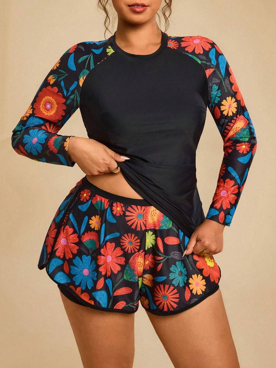 Travachic 大码女式黑色拼接热带植物印花泳装套装，圆领长袖大象印花泳衣上衣搭配泳裤，适合冲浪、春季、夏季度假、海滩度假等各种场合。 - 黑色 - 查看 1