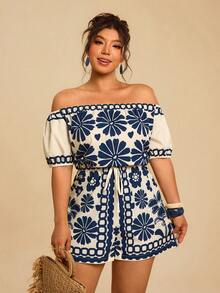 Travachic 大码女式蓝白碎花短款连体裤，露肩短袖收腰连体裤，休闲度假连体裤 - 藍白色 - 查看 5