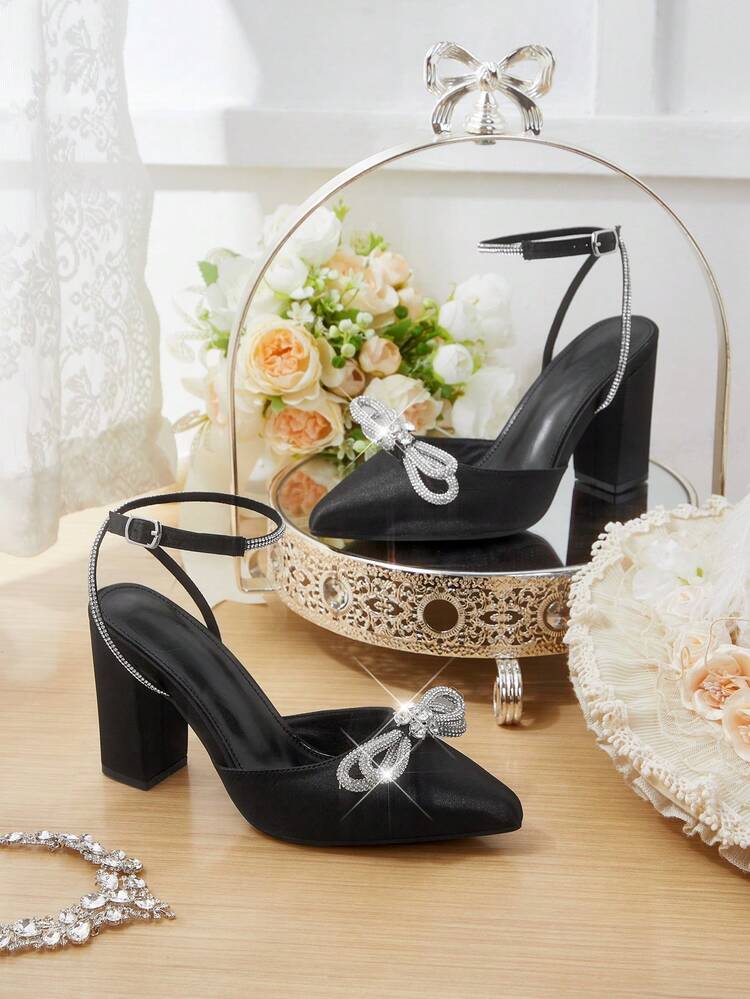 CUCCOO HITCHD Women's Rhinestone Bow Decor Pointed Toe Buckle Design Everyday Versatile Fashion High Heels Valentine's Day Elegant Shoes