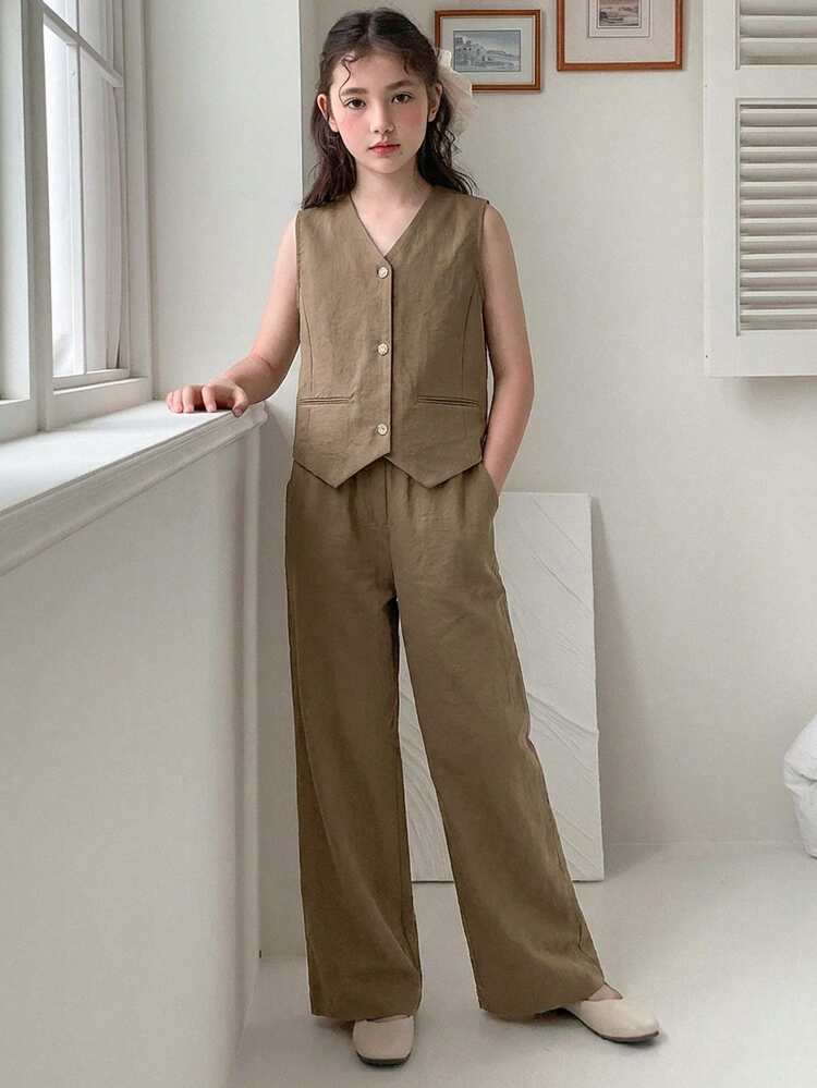 Tween Girl Solid Color Single-Breasted Vest And Pants Casual Suit