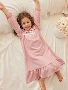 女童可爱彼得潘领泡泡袖长袖连衣裙，休闲舒适睡衣/家居服