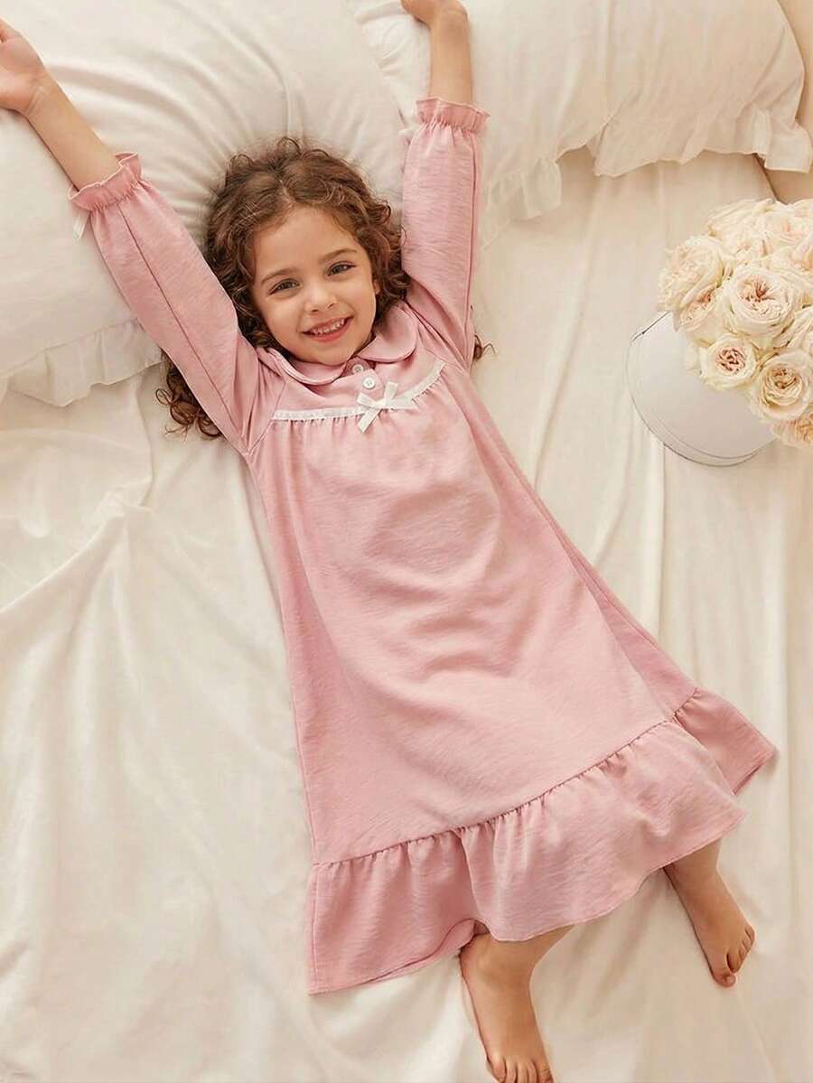 女童可爱彼得潘领泡泡袖长袖连衣裙，休闲舒适睡衣/家居服