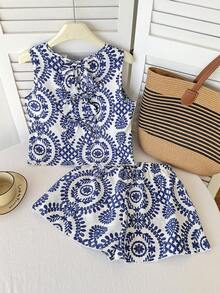 SHEIN 少女度假印花无袖套头衫和直筒短裤休闲套装 - 藍色 - 查看 2