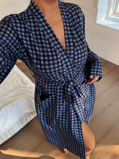 Dream Adore Plus Size Bubble Textured Plaid Print Casual Loungewear Robe