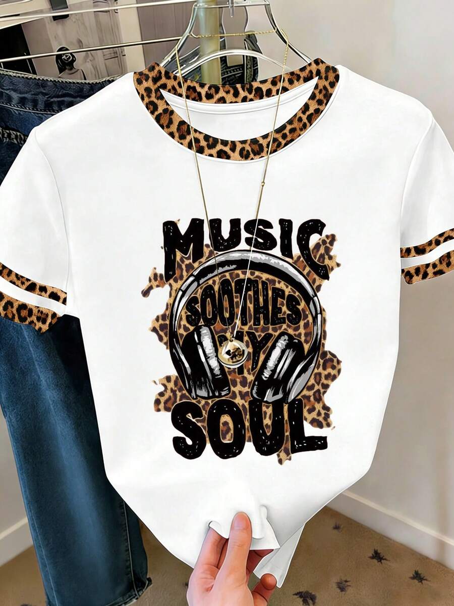 EMERY ROSE Women's Retro Letter, Leopard Print Color Blocked Round Neck Short Sleeved Comfortable T-Shirt, Suitable For Daily Wear - Dark Grey - View 1