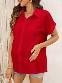 SHEIN Maternity Solid Color Front Button Casual Versatile Short Sleeve Shirt - Red - View 6