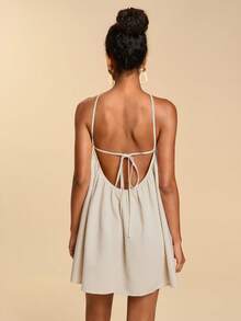 Travachic 女士纯色露背系带休闲度假约会迷你连衣裙，春夏度假装，夏季连衣裙，沙滩裙，女士沙滩装，女士度假装，女士休闲连衣裙，亚麻材质 - 杏色 - 查看 2