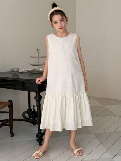 DAZY 少女圆领纯色荷叶边无袖连衣裙