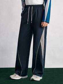 Open Phase Men 1pc Comfortable Elastic Waist Drawstring Casual Straight Loose Wide Leg Pants, Sporty Contrast Color, Fall Spring To Summer Relaxed Fit For Men ,Summer Holiday Outfits , Retro American, Unisex, Relaxed Fit Summer Outfits – Suitable For Everyday Wear And Summer Holiday Outfits. - Navy Blue - View 5